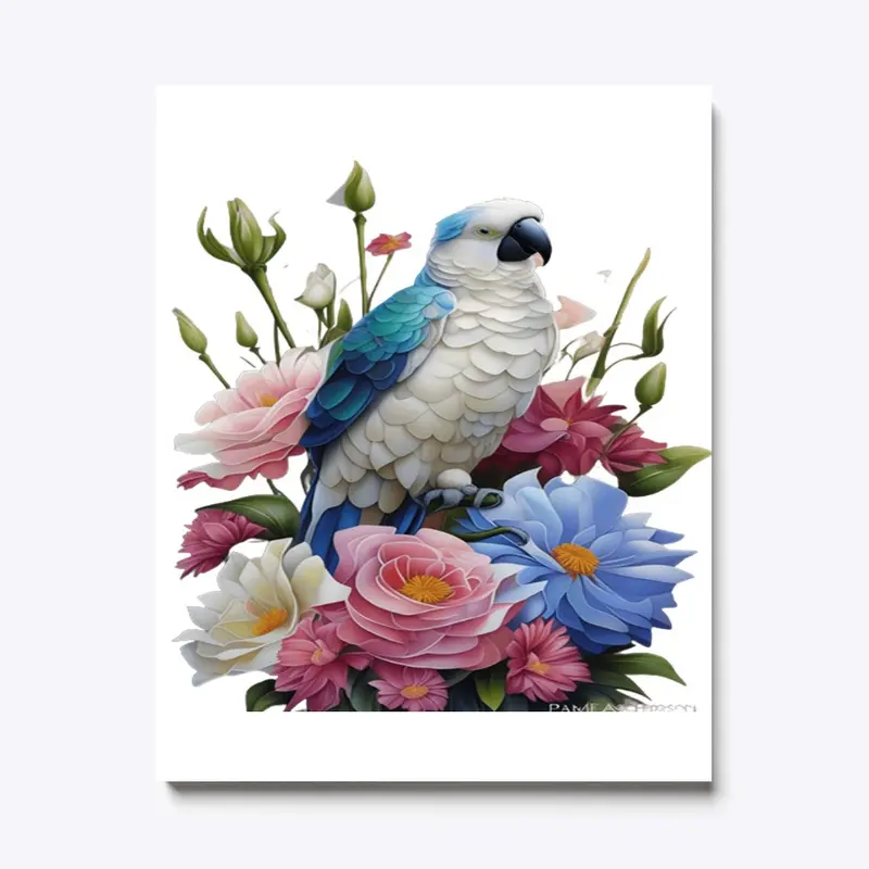 Parrot sitting on a bouquet of roses